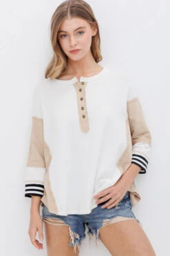 Blue B Henley Knit Color Block Top - White