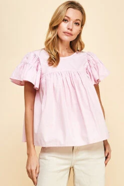 Pinch Flutter Sleeves Woven Top-Pink