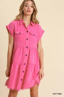 Umgee Snow Washed Short Folded Sleeve Button Front Collared Ruffle Dress