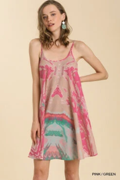 Umgee Pink/Green Mixed Print Dress