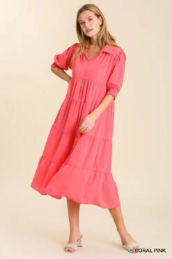 Umgee Collared Tiered Maxi Dress - Coral Pink