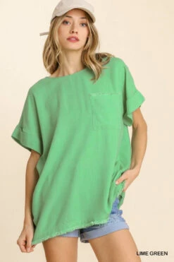 Umgee Linen Blend Top With Frayed Hemline