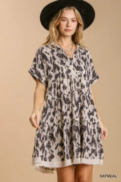 Umgee Animal Print Collared Split Neck Tiered Dress