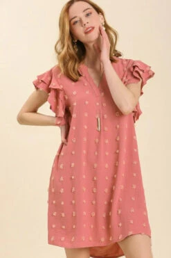 Umgee Swiss Dot V-Neck Dress With Double Ruffled Sleeves
