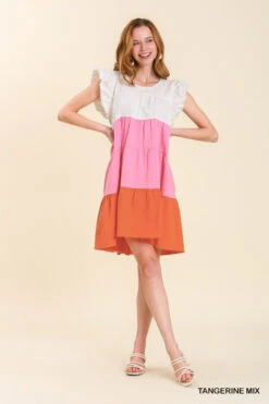 Umgee Color Block Tiered Dress - Tangerine Mix