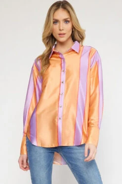 Entro Striped Collared Button Up Long Sleeve Top