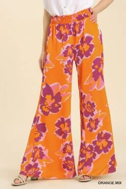 Umgee Orange Mix Flower Print Wide Leg Pants