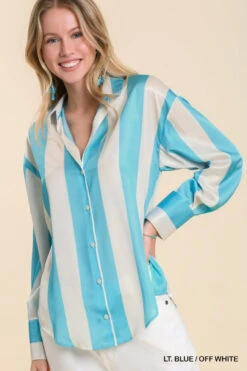 Umgee Satin Button Up Long Sleeve Shirt - Light Blue/Off White