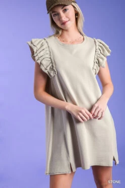 Umgee French Terry Round Neck Dress - Stone