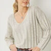 Entro Solid Ribbed V-Neck Sweater