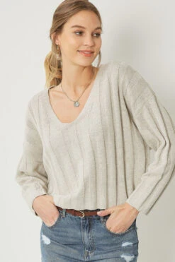 Entro Solid Ribbed V-Neck Sweater