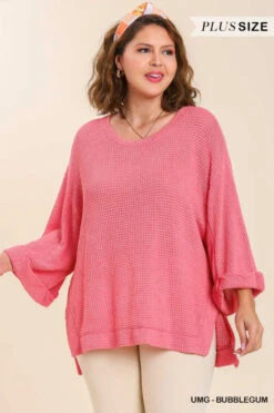 Umgee Plus Size Waffle Knit 3/4 Rolled Sleeve Top