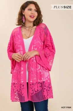 Umgee Plus Size Hot Pink Floral Lace Kimono