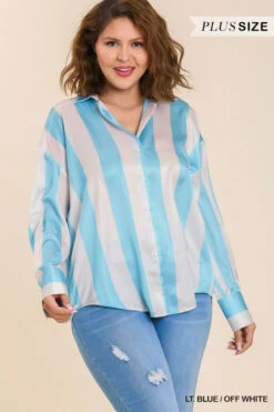 Umgee Plus Size Satin Vertical Striped Button Up Long Sleeve Shirt